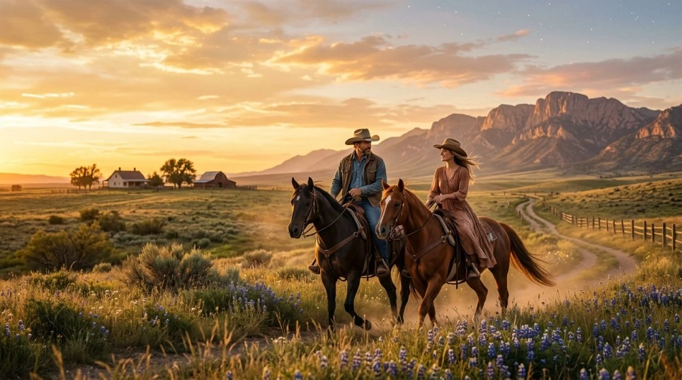 Cowboy Take Me Away lyrics themed image showing a peaceful country landscape, open fields, and a feeling of freedom and emotional escape.