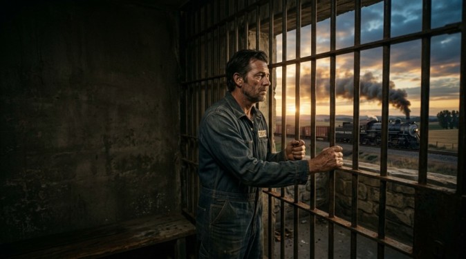 Folsom Prison Blues lyrics meaning illustrated with a prison cell and passing train symbolizing regret and freedom.