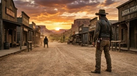 Arizona Ranger standing in a Western town inspired by Big Iron Lyrics by Marty Robbins.